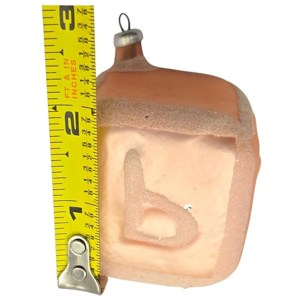 Vintage Peach Frosted Glass Baby Block Ornament With Embossed Letters & Glitter‎